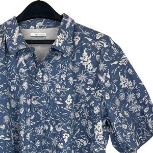 Columbia PFG Sportswear Mens L All Over Fish Fishing Short Sleeve Button Up Blue